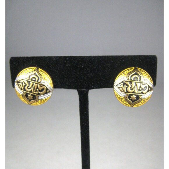 Calligraphy Earrings CLIP ON Goldtone Vintage 1950 Estate Enamel Button - Picture 4 of 6